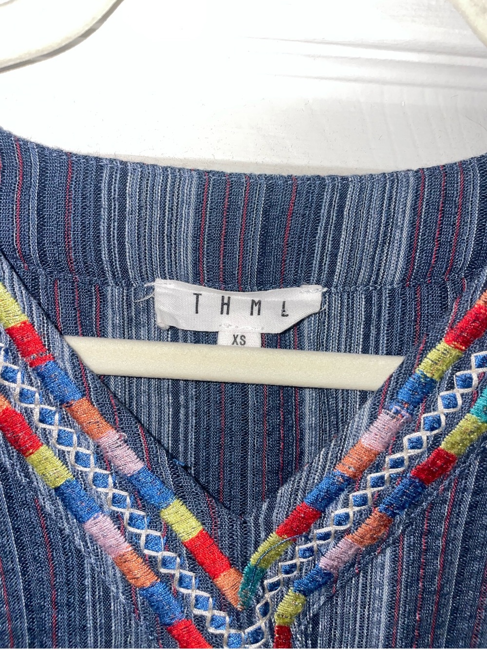 THML Blue Striped Embroidered Pom Pom Babydoll Blouse Size XS - Picture 3 of 4